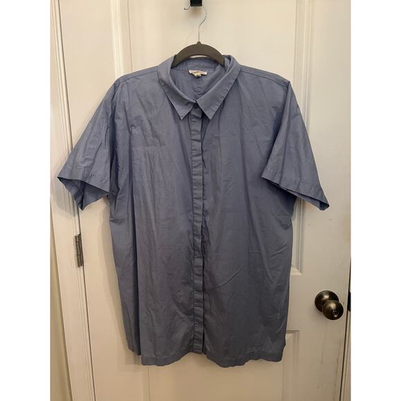 Eileen Fisher Organic Cotton Stretch Collar Button Down Blue L Shirt Career Boxy - Picture 3 of 10